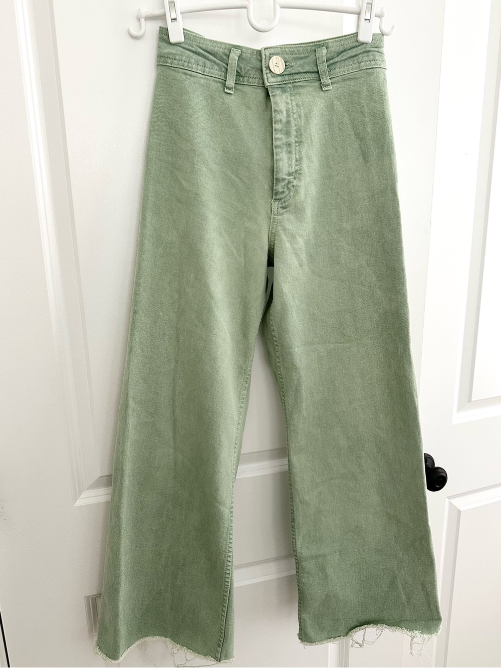 Zara Green Straight Premium High Waisted Wide Leg Raw Hem Jeans - The Marine